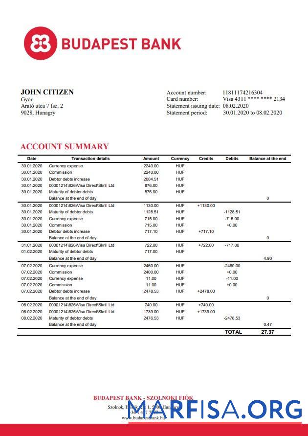 Printable Hungary Budapest Bank Szolnoki Fiók bank statement word template